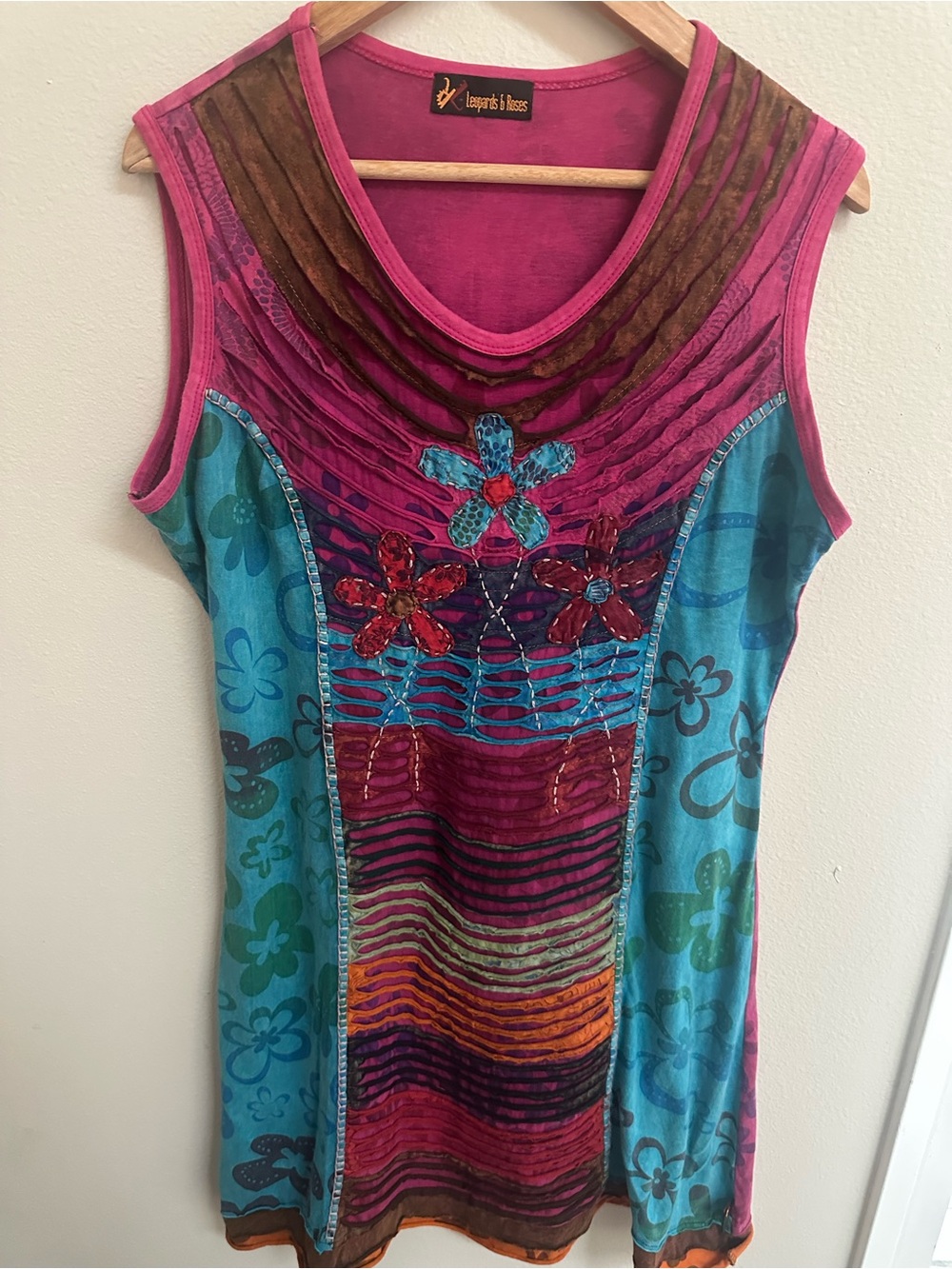 Pink and Turquoise Floral Embroidered Sleeveless Dress, 100% Cotton, XL